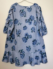 Westport NWT Gray Blue Roses Ruffled Sleeve Stretch Tunic Dress Plus 1X