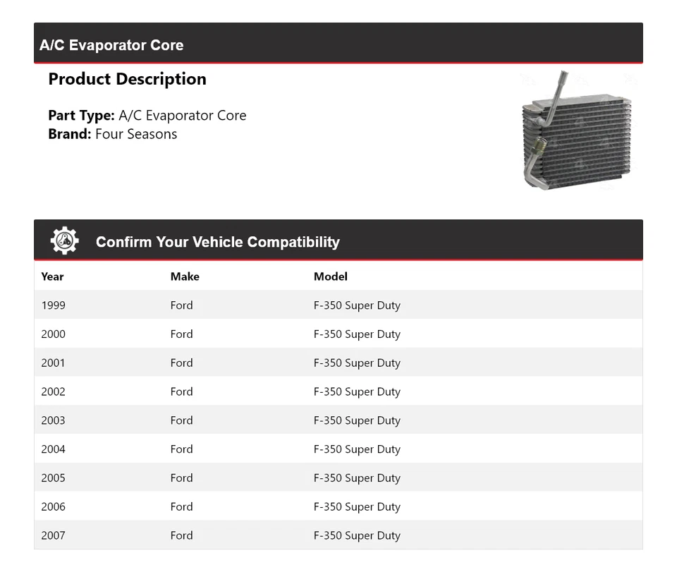 Núcleo evaporador aire acondicionado Ford F-350 Super Duty 1999-2007 4 estaciones 2000 2001 2002 Foto 2 de 4