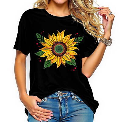 Vibrant Sunflower Graphic Black T-Shirt for Women Casual Comfort Style