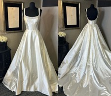 Beading Ivory White Wedding Dresses Satin Spaghetti Straps A-Line Bridal Gowns