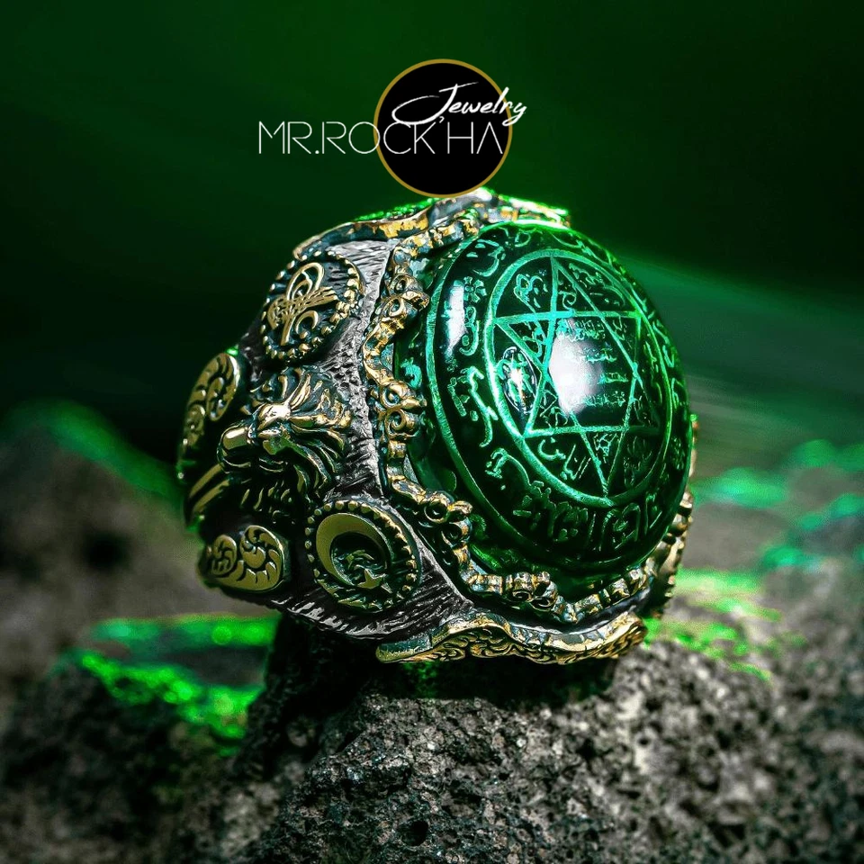 Anel masculino de prata esterlina 925 Seal of King Salomon, leão-guará, pedra âmbar verde - Imagem 2 de 4