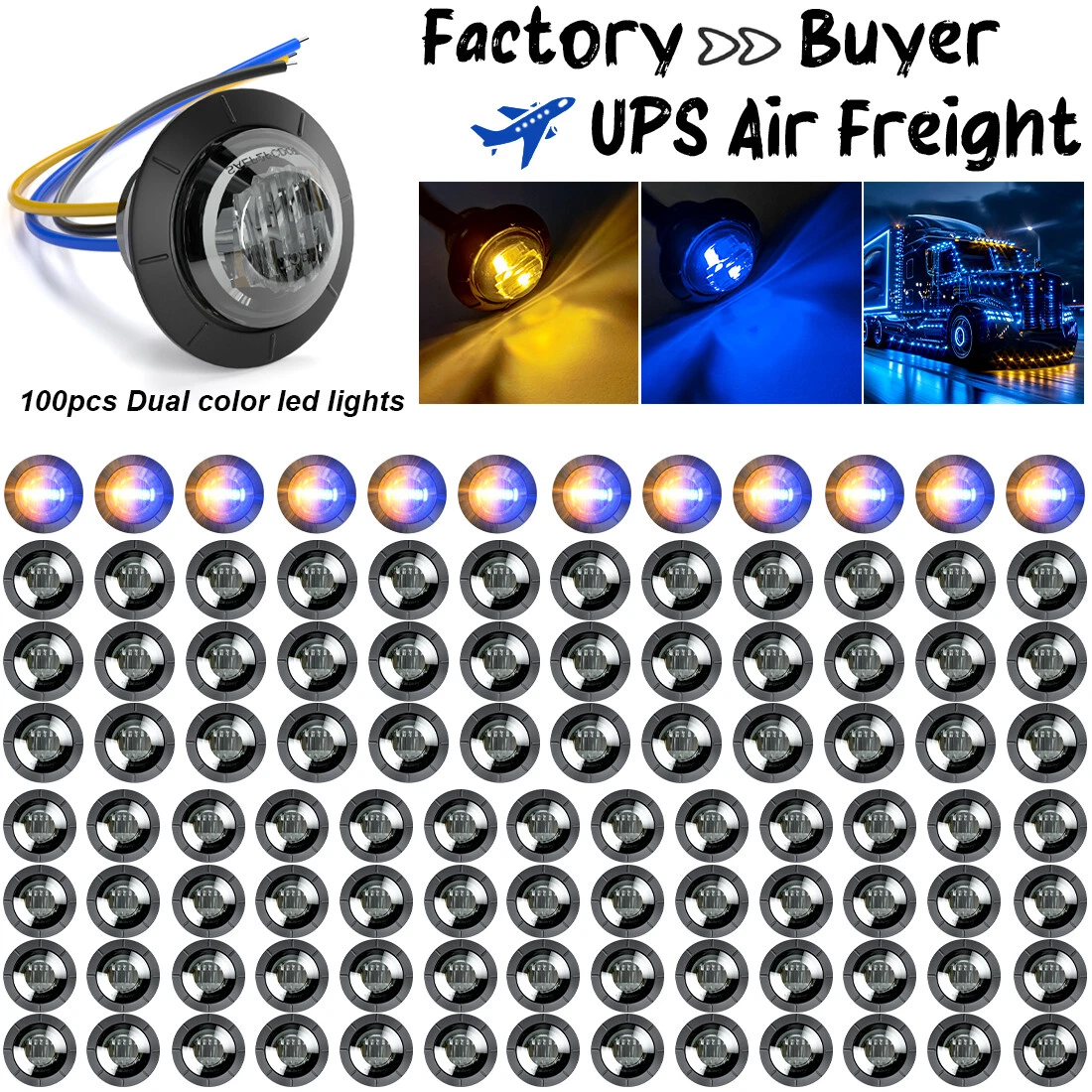 100x LED Marker Light 3/4" Truck Trailer Amber Blue Side Bullet Dual Color Smoke