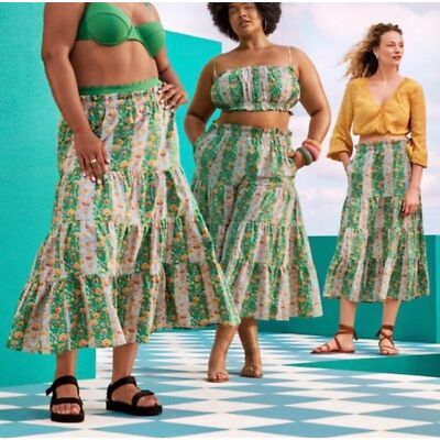 RHODE x Target Whimsical Floral & Stripe Boho Print Midi Skirt Crop Top Set XXL