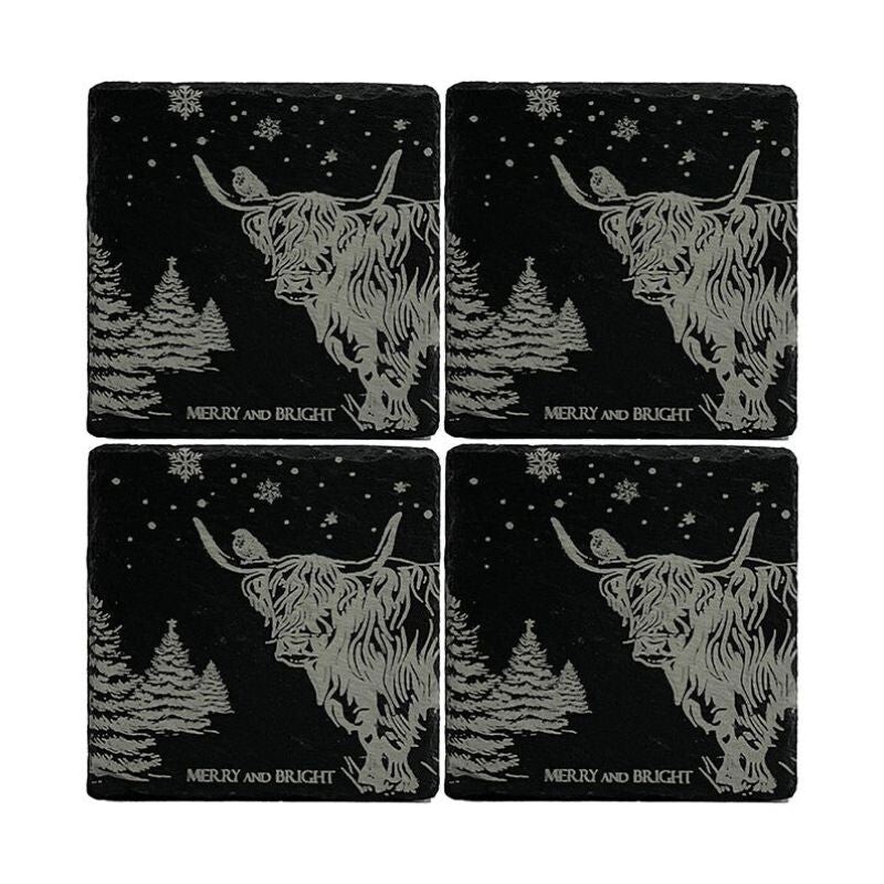 Christmas Highland Cow Slate Coasters (Set of 4)