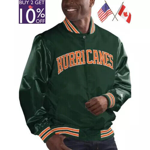 Men's Miami Hurricanes Bomber Green/Orange Satin Men Jacket With Free Shipping