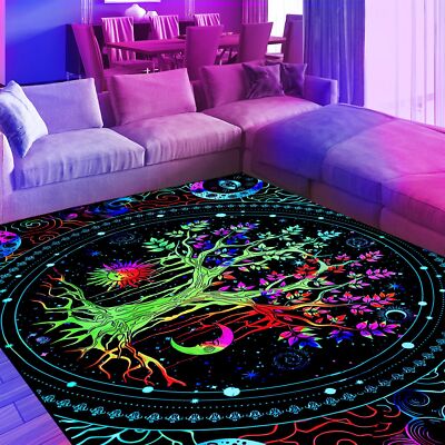 ネオン風 ライト　ミラー　OPEN パームツリー ワーゲン Neon Tree of Life Area Rug, Large Blacklight UV Reactive Throw Rug