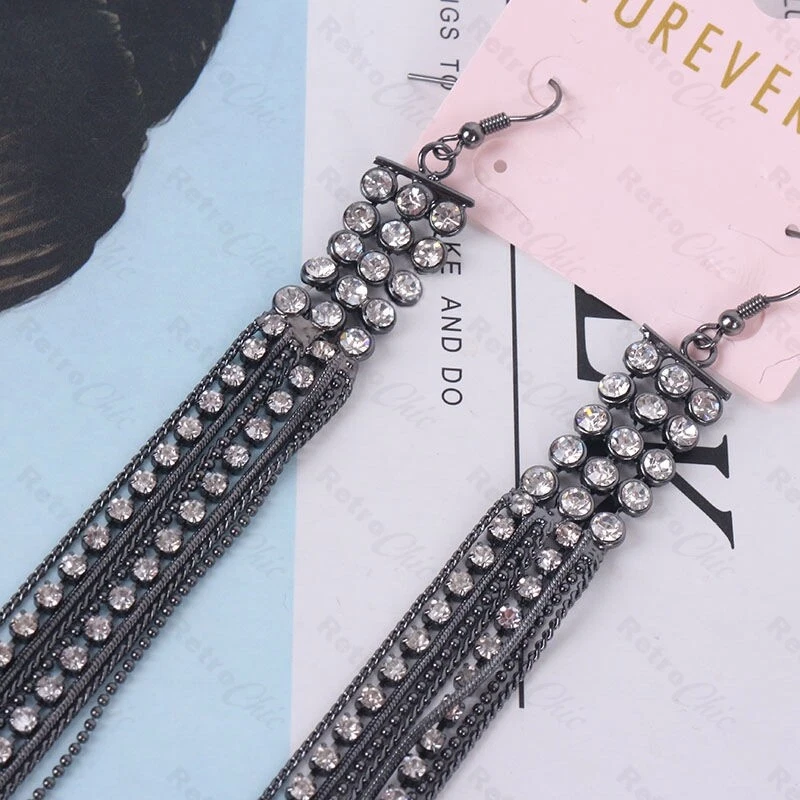 PENDIENTES DE DECLARACIÓN multihilo CRISTAL 33 cm muy largos chapados en oro negro Foto 3 de 3