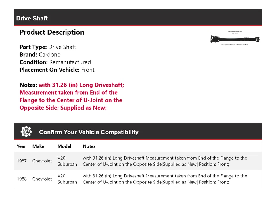 For 1987-1988 Chevrolet V20 Suburban Drive Shaft Front Cardone - Image 2 of 4