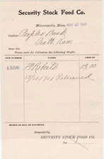 U.S. Security Stock Food Co. 1901 Minneapolis Returned Invoice  Ref 41386