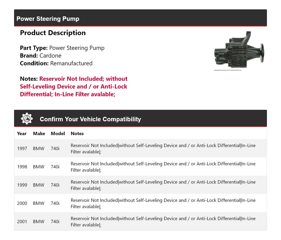 For 1997-2001 BMW 740i Power Steering Pump Cardone 1998 1999 2000 - Image 2 of 4