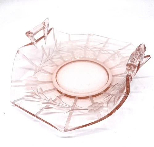 Vtg pink depression Fostoria Glass Bon Bon Dish Bow Handle Etch 6 3/4”-perfect!
