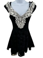Zum Zum Vtg 80s Black Flocked Velvet Prom Party Dress Lace Pearls Juniors Sz 5/6