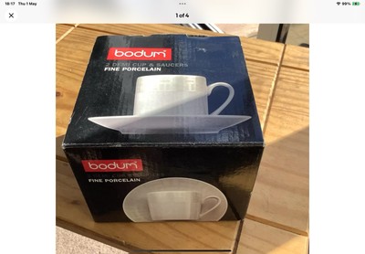 Bodum zwei Porzellan Halbschalen und Untertassen irisierend metallic weiß neu im Karton 