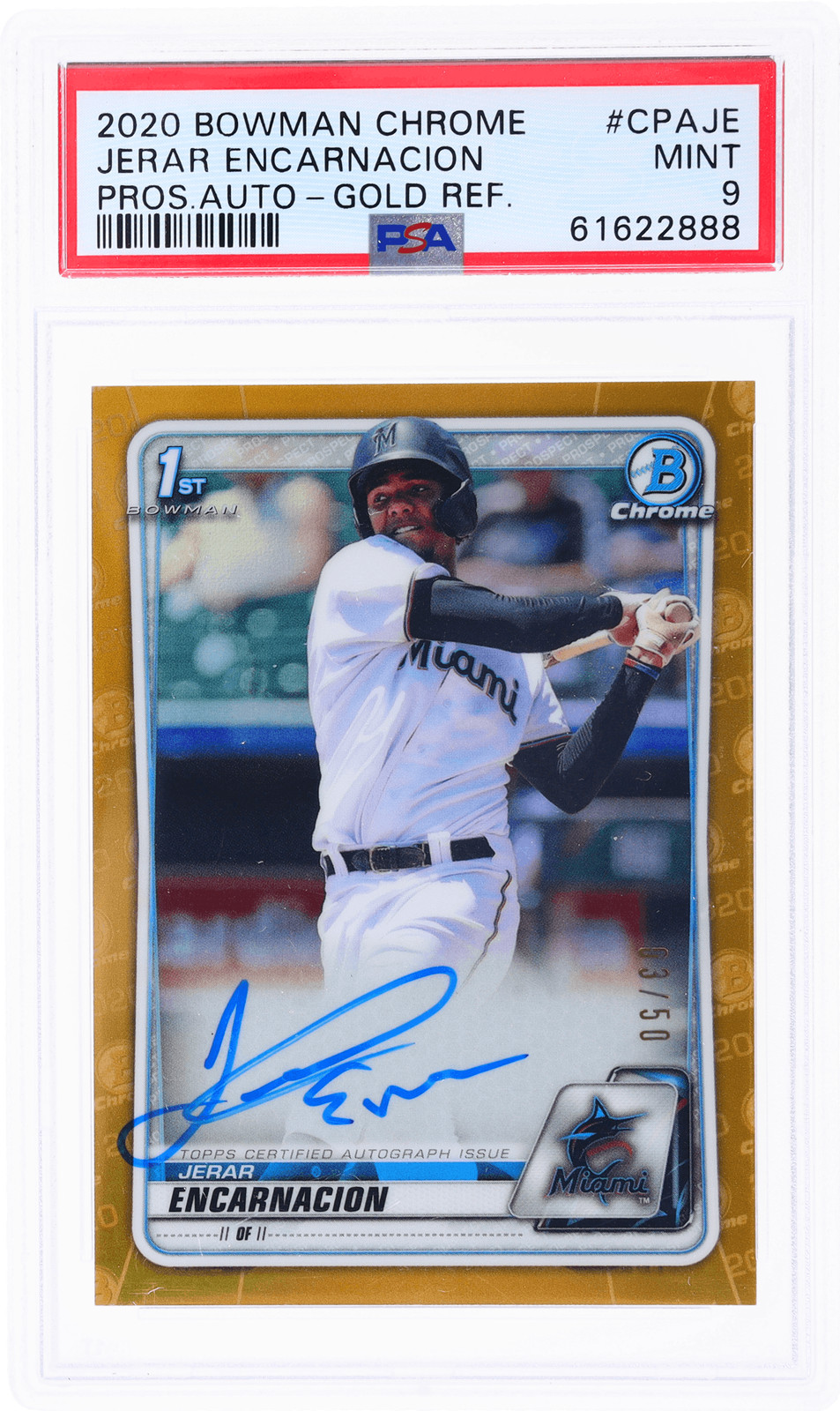 2020 Bowman Jerar Encarnacion Chrome Prospect Auto Gold Refractor /50 PSA 9