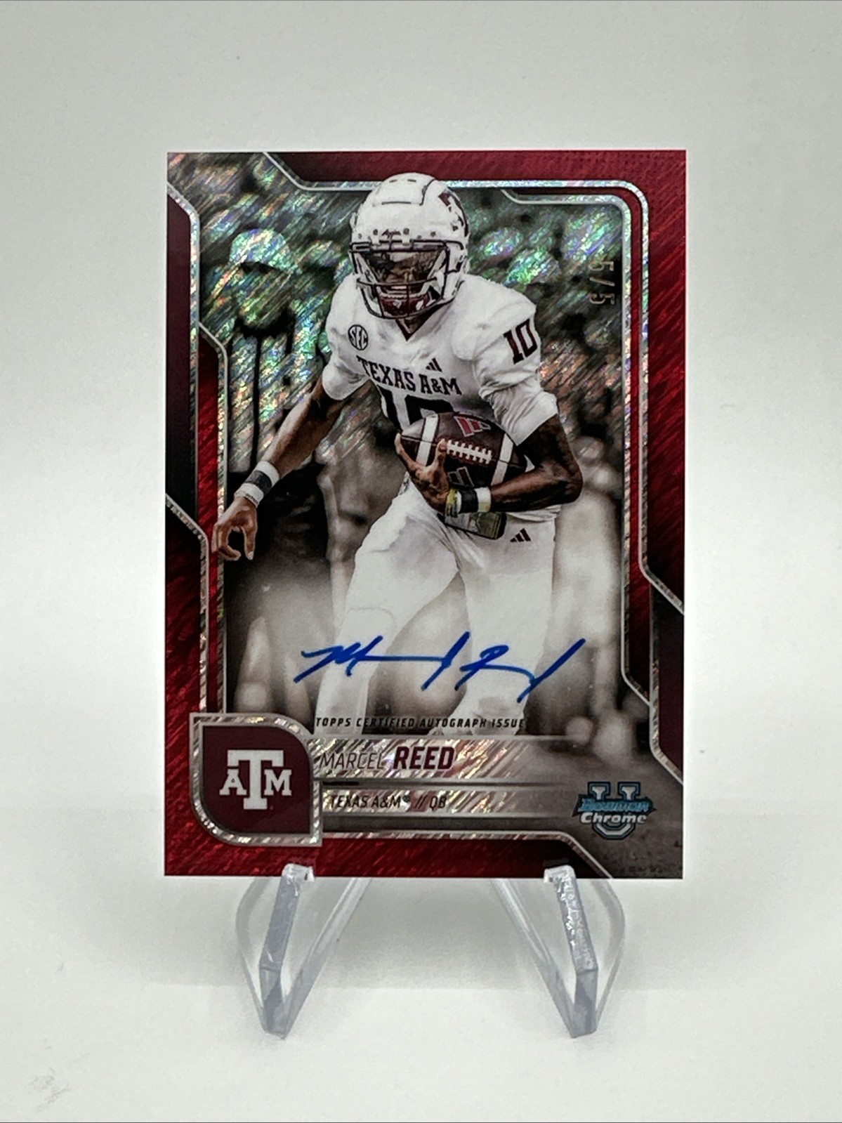 Marcel Reed #5/5 Red Shimmer Auto 2025 Bowman Chrome U #BCA-MRE Texas A&M Aggies