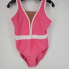 Tiger Friday Adult Large Pink One Piece Swimsuit White Trim Mesh Inset