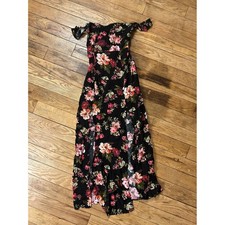 Ambiance Floral Maxi Dress Off Shoulder Ruffle Sleeves Black Pink S