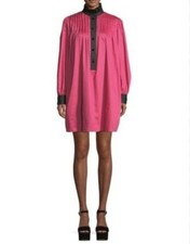 Marc Jacobs Pintuck Shirt Dress Pink Black Pleated 14 High Neck Ruffle Tunic LS
