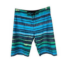 prAna Men's Size 32 Blue Green Black Striped UPF 50 Board Shorts Swim Trunks