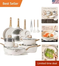 Complete 21-Piece Induction Cookware Set with Nonstick White Granite Finish