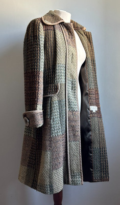NEXT WOOL TWEED COAT 14 trench long check boho hippy big buttons green unique