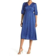 Taylor Midi Dress Polka Dot Women 8 Blue Smocked Waist V-Neck