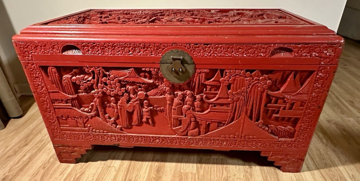 Antique Chinese Carved Red Lacquer Camphor Chest Cinnabar | eBay