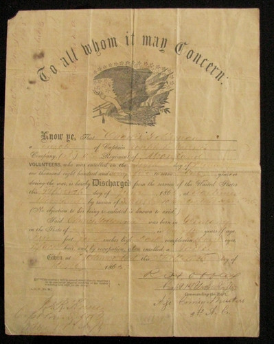 CIVIL WAR 11TH MARYLAND VOLUNTEER DISCHARGE 1865 BALTIMORE