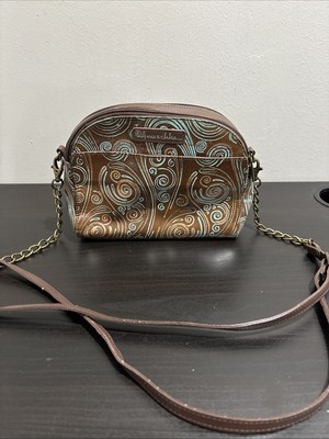 Anuschka Tooled Leather Twin Top Crossbody Bag Dreamy Castle Blue Brown Swirls