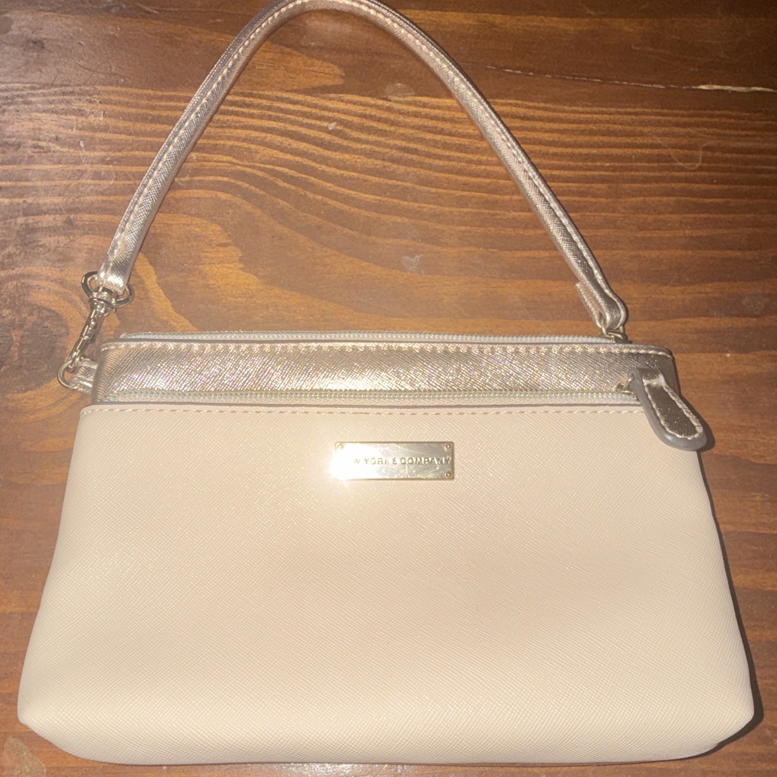 New York & Company Beige/Gold Metallic Wristlet Zip Clutch, Inner Pockets