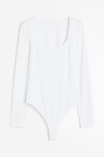 H M Jersey Thong Bodysuit in soft jersey Scoop neck, long sleeves Sz S White NWT