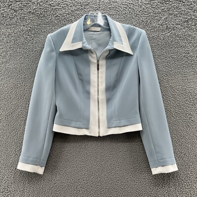 VTG 90s Manigance Paris Blazer Womens 6 Icy Blue Dagger Collar Crop Jacket
