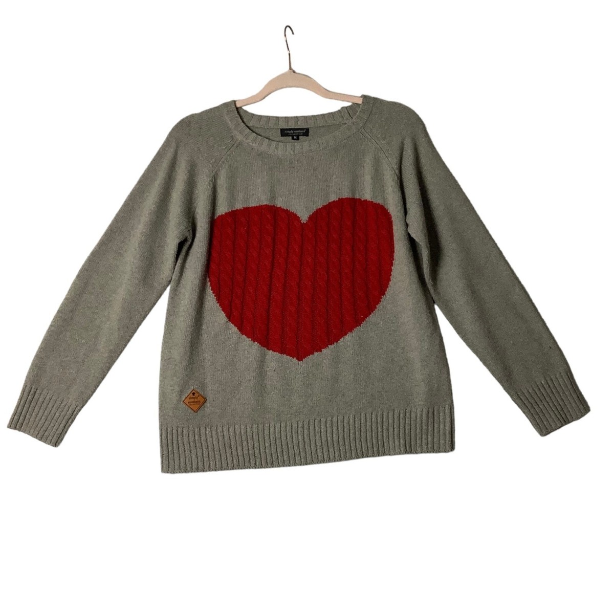 Simply Southern Red Heart Cable Knit Gray Sweater Women Sz Medium Love  Valentine