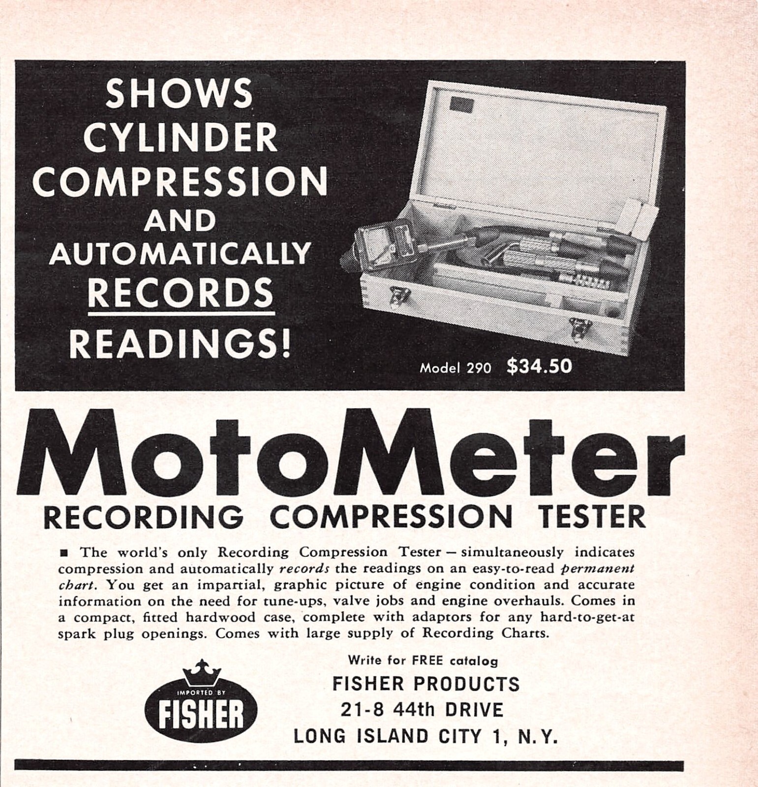 MotoMeter Compression Tester Fisher Prod Long Island City 5.3 x 5.5 Vtg Print Ad