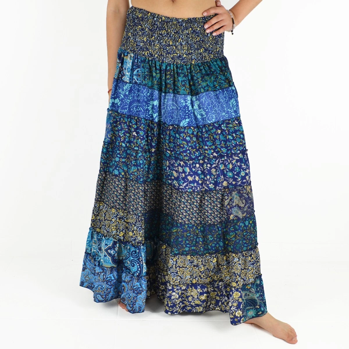 Damen Midirock Mit Blumenmuster & Elastischer Taille - Größe 12-26, Aus Viskose, Boho Style