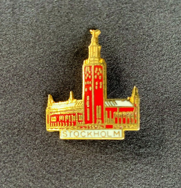 Lapel Pin Stockholm Sweden City Hall Building Red and Gold Enamel