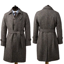 Herringbone Men Long Overcoat Coat Regular Fit Tweed Wool Blend Business Wedding