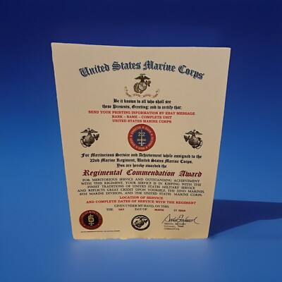 U.S.M.C. / 22ND MARINE REGIMENT - REGIMENTAL COMMENDATION AWARD CERTIFICATE
