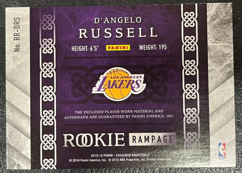 2015-16 PANINI EXCALIBUR D'ANGELO RUSSELL ROOKIE RAMPAGE JERSEY AUTO RC ...