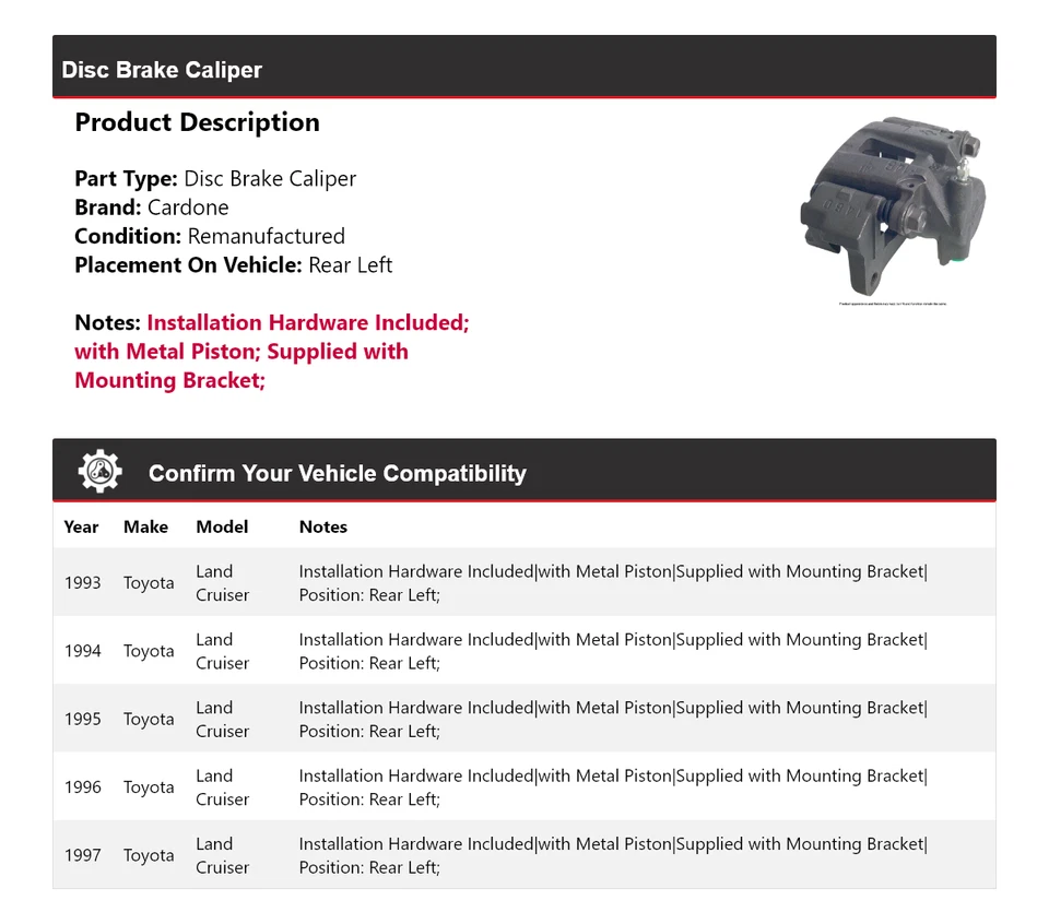 Pinza de freno de disco trasera izquierda cardone 1994 1995 para Toyota Land Cruiser 1993-1997 Foto 2 de 4