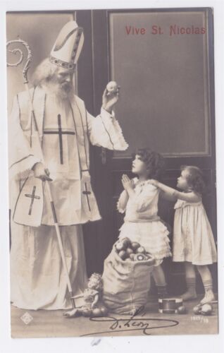 VINTAGE RPPC OLD WORLD SANTA ST. NICOLAS MIT TASCHE MIT ÄPFELN UND SPIELZEUG 1910 - Bild 1 von 2