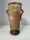 1936 Roseville Primrose Pink Vase 768-9.5” Double Handled White Blossoms, Rare