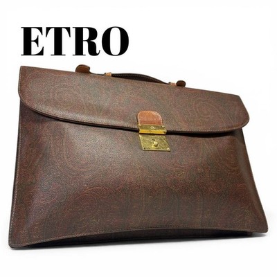 ETRO Paisley Brown PVC Leather Clutch Bag Vintage Business Formal Auth