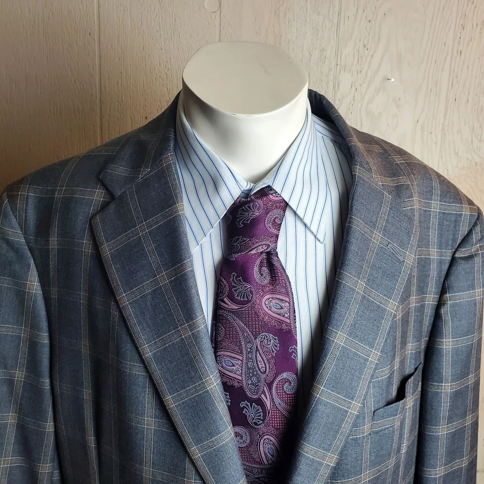 Hickey Freeman Sport Coat Men Gray 48 Windowpane Wool Two Button Single Vented - Image 3 of 4