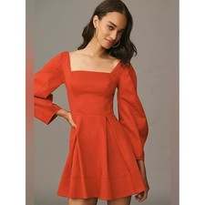 Anthropologie Maeve Long-Sleeve Square-Neck Pleated Mini Dress Small Bright Red