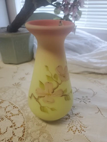 Fenton Art Glass Burmese Pink Yellow Vase Hand Painted Flowers Signed Tammy W