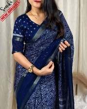 Animal Print Daily Wear Silk Blend Saree with Unstitched Blouse Blue 