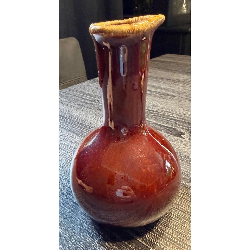 Botella de vinagre de cerámica esmaltada por goteo marrón vintage mediados de siglo EE. UU. Foto 2 de 4