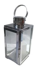 Silver Steel Lantern Ht 26cm W 10cm w/ 4x Glass Panels H14cm Hinged Door VGC