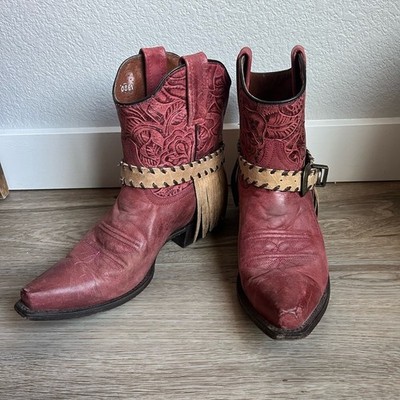 Eight Second Angel Angelica Rose Embossed Fringe Heel Leather Cowgirl Boots